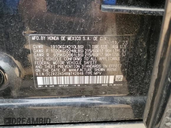 ✅ 2024 Honda HR-V LX • VIN: 3CZRZ2H34RM742848 • Lot: 56549235. Listed on Copart with 10,753 mi. Free auction sales archive from the USA and detailed vehicle history report at DreamBid. Image 13.