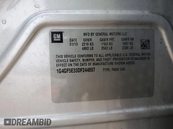 ✅ 2013 Buick LaCrosse Premium 1 • VIN: 1G4GF5E33DF244897 • Lot: 44138645. Listed on Copart with 136,278 mi. Free auction sales archive from the USA and detailed vehicle history report at DreamBid. Image 12.