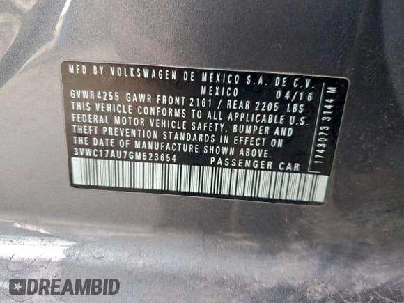 ✅ 2016 Volkswagen Golf TSI S • VIN: 3VWC17AU7GM523654 • Lot: 95793965. Wystawiony na Copart z przebiegiem 105 747 mil. Bezpłatny archiwum sprzedaży aukcyjnych z USA i szczegółowy raport historii pojazdu na DreamBid. Zdjęcie 12.