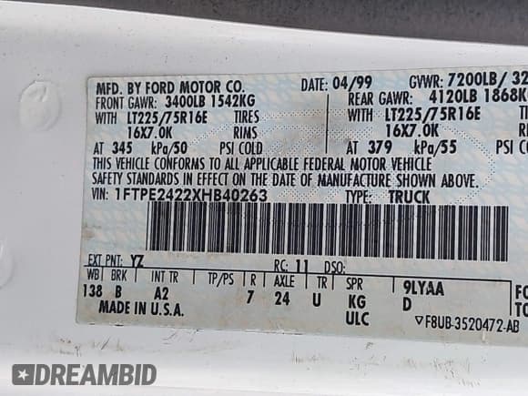 ✅ 1999 Ford E-Series Commercial • VIN: 1FTPE2422XHB40263 • Лот: 41467093. Опубликован ранее на IAAI с пробегом 85 504 миль. Бесплатный доступ к архиву аукционных продаж из США и подробный отчёт об истории автомобиля на DreamBid. Изображение 9.