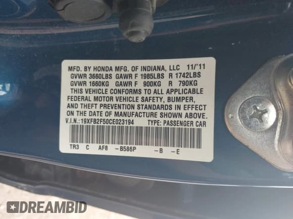 ✅ 2012 Honda Civic LX • VIN: 19XFB2F50CE023194 • Лот: 43454124. Опубликован ранее на IAAI с пробегом 139 676 миль. Бесплатный доступ к архиву аукционных продаж из США и подробный отчёт об истории автомобиля на DreamBid. Изображение 9.