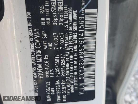 ✅ 2012 Hyundai Santa Fe GLS • VIN: 5XYZG3AB9CG141569 • Lot: 64168254. Listed on Copart with 138,293 mi. Free auction sales archive from the USA and detailed vehicle history report at DreamBid. Image 13.