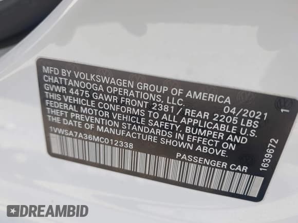 ✅ 2021 Volkswagen Passat SE • VIN: 1VWSA7A36MC012338 • Lot: 43709894. Listed on IAAI with 72,376 mi. Free auction sales archive from the USA and detailed vehicle history report at DreamBid. Image 9.