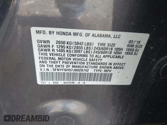 ✅ 2018 Honda Pilot EX-L • VIN: 5FNYF6H57JB028742 • Lot: 43575850. Listed on IAAI with 170,260 mi. Free auction sales archive from the USA and detailed vehicle history report at DreamBid. Image 9.