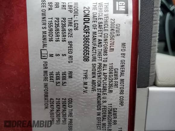 2008 Chevrolet Equinox LT with VIN 2CNDL43F386066508, listed as a Copart auction lot 66602334 with 173,013 mi miles and Salvage title. Bid and sale history available at DreamBid. Image 13.