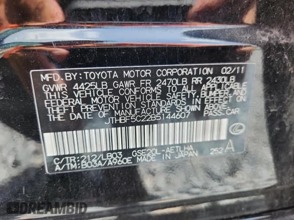 ✅ 2011 Lexus IS 250 • VIN: JTHBF5C22B5144607 • Лот: 60218355. Опубликован ранее на Copart с пробегом 145 484 миль. Бесплатный доступ к архиву аукционных продаж из США и подробный отчёт об истории автомобиля на DreamBid. Изображение 12.