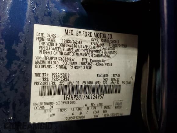 ✅ 2006 Ford Five Hundred Limited • VIN: 1FAHP28176G124957 • Lot: 93204345. Wystawiony na Copart z przebiegiem 132 352 mil. Bezpłatny archiwum sprzedaży aukcyjnych z USA i szczegółowy raport historii pojazdu na DreamBid. Zdjęcie 12.