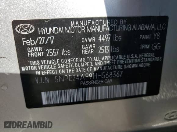 2017 Hyundai Sonata 2.4L z VIN 5NPE24AF9HH568367, wystawiony jako Copart lot #82130295 z przebiegiem 16 888 mil mil oraz Szkoda całkowita • Salvage title. Historia ofert i sprzedaży dostępna na DreamBid. Obrazek 12.