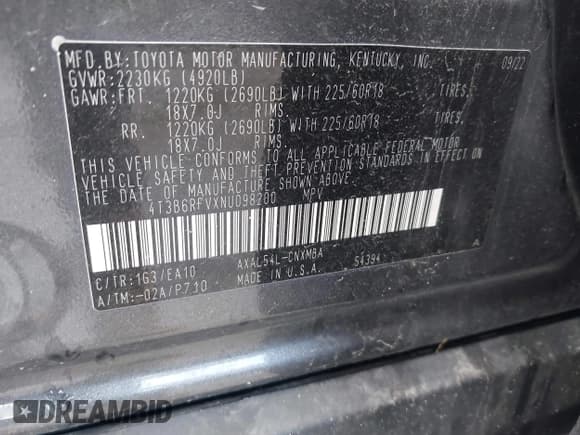 ✅ 2022 Toyota RAV4 Hybrid XLE Premium • VIN: 4T3B6RFVXNU098200 • Lot: 43586247. Wystawiony na IAAI z przebiegiem 60 588 mil. Bezpłatny archiwum sprzedaży aukcyjnych z USA i szczegółowy raport historii pojazdu na DreamBid. Zdjęcie 9.