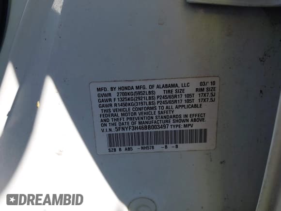 ✅ 2011 Honda Pilot EX • VIN: 5FNYF3H46BB003497 • Lot: 43497272. Wystawiony na IAAI z przebiegiem 137 517 mil. Bezpłatny archiwum sprzedaży aukcyjnych z USA i szczegółowy raport historii pojazdu na DreamBid. Zdjęcie 9.