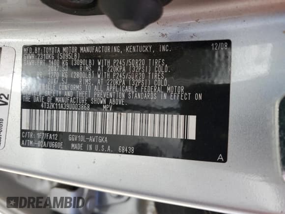 ✅ 2009 Toyota Venza • VIN: 4T3ZK11A39U003868 • Лот: 57496535. Опубликован ранее на Copart с пробегом 137 570 миль. Бесплатный доступ к архиву аукционных продаж из США и подробный отчёт об истории автомобиля на DreamBid. Изображение 12.