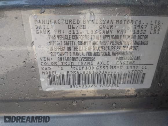 ✅ 2020 Nissan Sentra S • VIN: 3N1AB8BV5LY258596 • Lot: 42564462. Listed on IAAI with 80,770 mi. Free auction sales archive from the USA and detailed vehicle history report at DreamBid. Image 9.