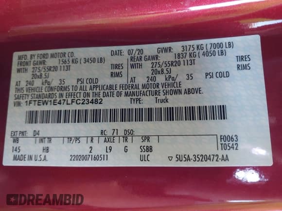 ✅ 2020 Ford F-150 XL • VIN: 1FTEW1E47LFC23482 • Lot: 42526426. Wystawiony na IAAI z przebiegiem 69 456 mil. Bezpłatny archiwum sprzedaży aukcyjnych z USA i szczegółowy raport historii pojazdu na DreamBid. Zdjęcie 9.