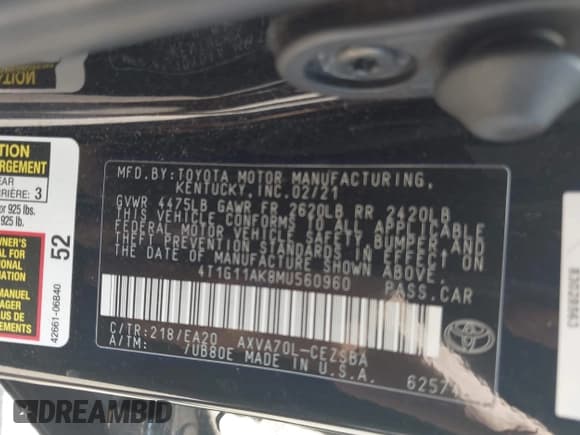 ✅ 2021 Toyota Camry SE • VIN: 4T1G11AK8MU560960 • Lot: 43407795. Listed on IAAI with 115,652 mi. Free auction sales archive from the USA and detailed vehicle history report at DreamBid. Image 9.