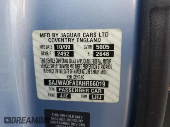 ✅ 2010 Jaguar XF Luxury • VIN: SAJWA0FA0AHR66019 • Lot: 69180395. Listed on Copart with Not provided. Free auction sales archive from the USA and detailed vehicle history report at DreamBid. Image 12.