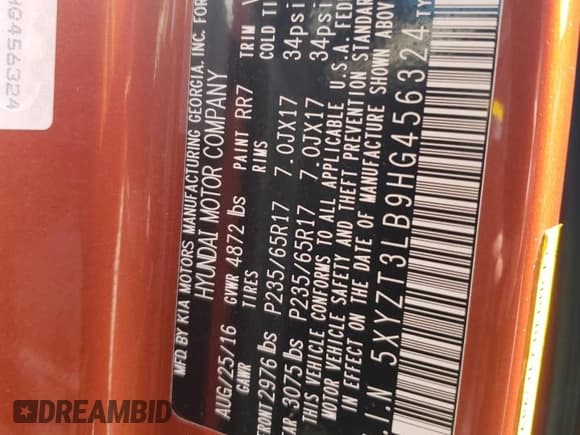 ✅ 2017 Hyundai Santa Fe 2.4L • VIN: 5XYZT3LB9HG456324 • Лот: 63832453. Опубликован ранее на Copart с пробегом Не указан. Бесплатный доступ к архиву аукционных продаж из США и подробный отчёт об истории автомобиля на DreamBid. Изображение 13.