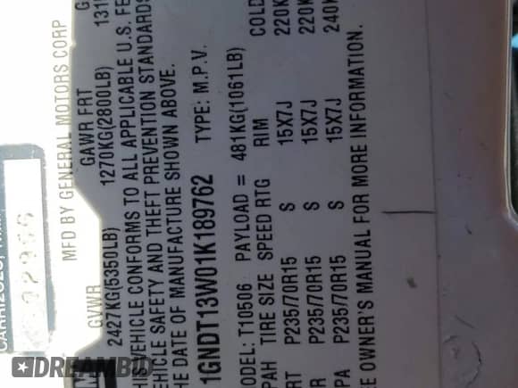 2001 Chevrolet Blazer LT z VIN 1GNDT13W01K189762, wystawiony jako Copart lot #81967624 z przebiegiem 169 367 mil mil oraz Szkoda całkowita • Salvage title. Historia ofert i sprzedaży dostępna na DreamBid. Obrazek 14.