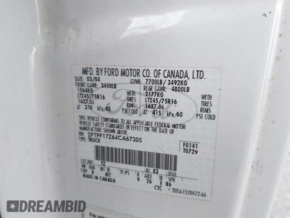 ✅ 2004 Ford F-150 XL • VIN: 2FTPF17Z64CA67305 • Lot: 42437844. Listed on IAAI with 145,578 mi. Free auction sales archive from the USA and detailed vehicle history report at DreamBid. Image 9.