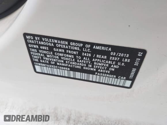 ✅ 2013 Volkswagen Passat SE • VIN: 1VWBN7A3XDC109658 • Lot: 43866832. Listed on IAAI with 187,975 mi. Free auction sales archive from the USA and detailed vehicle history report at DreamBid. Image 9.