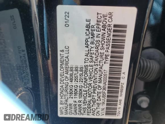 ✅ 2022 Acura TLX • VIN: 19UUB5F36NA000517 • Лот: 43837835. Опубликован ранее на Copart с пробегом 53 841 миль. Бесплатный доступ к архиву аукционных продаж из США и подробный отчёт об истории автомобиля на DreamBid. Изображение 12.