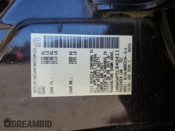 ✅ 2012 Nissan Maxima SV • VIN: 1N4AA5AP7CC840411 • Lot: 92308405. Listed on Copart with 100,861 mi. Free auction sales archive from the USA and detailed vehicle history report at DreamBid. Image 13.