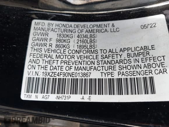 ✅ 2022 Honda Insight Touring • VIN: 19XZE4F90NE013867 • Lot: 43581669. Listed on IAAI with Not provided. Free auction sales archive from the USA and detailed vehicle history report at DreamBid. Image 9.