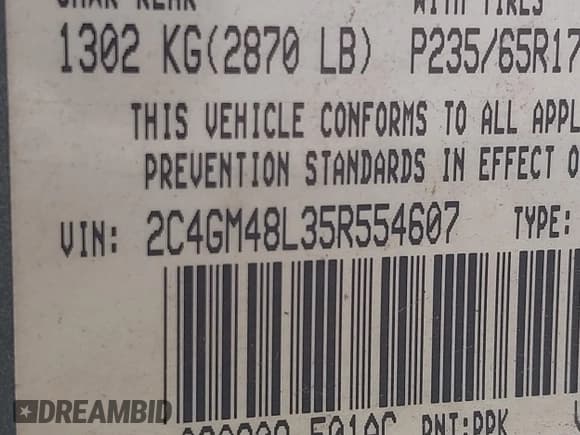✅ 2005 Chrysler Pacifica • VIN: 2C4GM48L35R554607 • Lot: 41750087. Listed on IAAI with 188,233 mi. Free auction sales archive from the USA and detailed vehicle history report at DreamBid. Image 9.