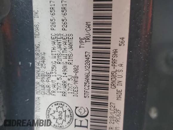 ✅ 2020 Toyota Tacoma SR5 • VIN: 5TFCZ5AN6LX220457 • Lot: 83972535. Listed on Copart with Not provided. Free auction sales archive from the USA and detailed vehicle history report at DreamBid. Image 13.