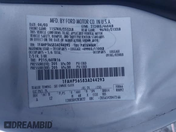 ✅ 2003 Ford Taurus SEL Deluxe • VIN: 1FAHP56S83A244293 • Лот: 42176307. Опубликован ранее на IAAI с пробегом 209 429 миль. Бесплатный доступ к архиву аукционных продаж из США и подробный отчёт об истории автомобиля на DreamBid. Изображение 9.