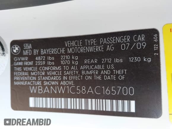 ✅ 2010 BMW 5 Series 535i • VIN: WBANW1C58AC165700 • Lot: 43703405. Listed on IAAI with 214,744 mi. Free auction sales archive from the USA and detailed vehicle history report at DreamBid. Image 9.