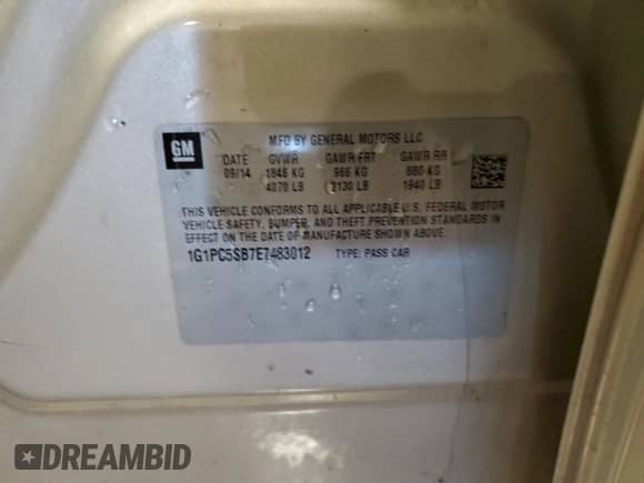 2014 Chevrolet Cruze 1LT с VIN 1G1PC5SB7E7483012, выставлен на аукционе Copart как лот 85839635 с пробегом 25 123 миль миль и Чистый • Clean title. История ставок и продаж доступна на DreamBid. Изображение 13.
