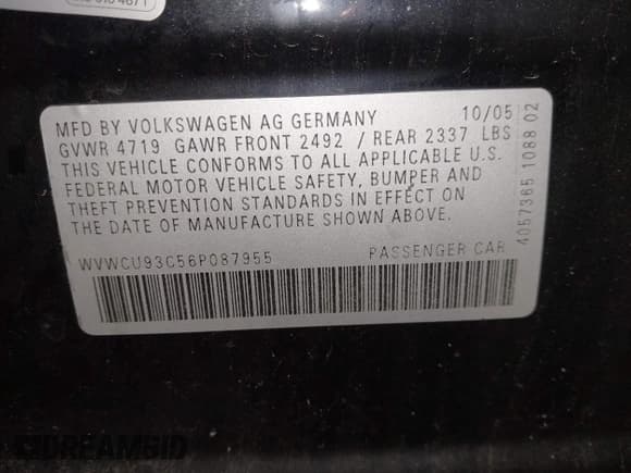 ✅ 2006 Volkswagen Passat VR6 • VIN: WVWCU93C56P087955 • Lot: 43648781. Listed on IAAI with 173,275 mi. Free auction sales archive from the USA and detailed vehicle history report at DreamBid. Image 9.