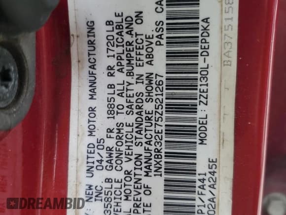 ✅ 2005 Toyota Corolla CE • VIN: 1NXBR32E75Z521267 • Лот: 85333625. Опубликован ранее на Copart с пробегом 168 385 миль. Бесплатный доступ к архиву аукционных продаж из США и подробный отчёт об истории автомобиля на DreamBid. Изображение 12.