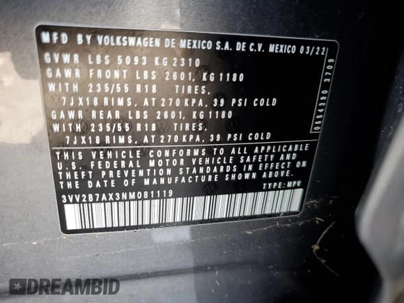 ✅ 2022 Volkswagen Tiguan SE • VIN: 3VV2B7AX3NM081119 • Lot: 67534515. Wystawiony na Copart z przebiegiem 60 174 mil. Bezpłatny archiwum sprzedaży aukcyjnych z USA i szczegółowy raport historii pojazdu na DreamBid. Zdjęcie 13.