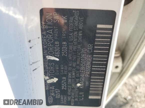 ✅ 2017 Kia Optima EX • VIN: KNAGU4LE8H5012670 • Lot: 91468085. Listed on Copart with Not provided. Free auction sales archive from the USA and detailed vehicle history report at DreamBid. Image 12.