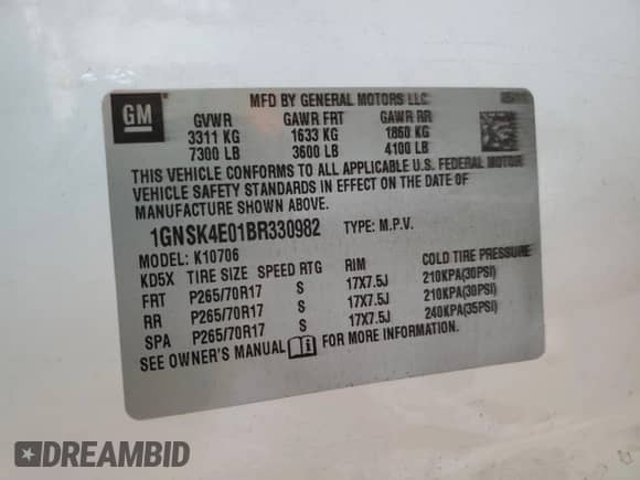 2011 Chevrolet Tahoe Commercial with VIN 1GNSK4E01BR330982, listed as a Copart auction lot 57085215 with Not provided miles and Salvage title. Bid and sale history available at DreamBid. Image 13.