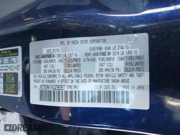 ✅ 2010 Mazda CX-9 Sport • VIN: JM3TB3MA7A0236357 • Лот: 42738029. Опубликован ранее на IAAI с пробегом 176 143 миль. Бесплатный доступ к архиву аукционных продаж из США и подробный отчёт об истории автомобиля на DreamBid. Изображение 9.