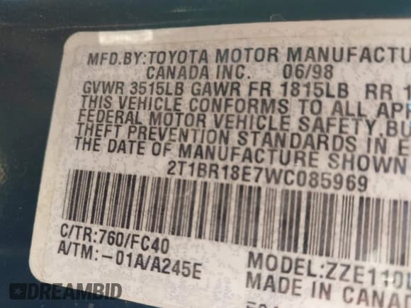 ✅ 1998 Toyota Corolla LE • VIN: 2T1BR18E7WC085969 • Лот: 43632191. Опубликован ранее на IAAI с пробегом Не указан. Бесплатный доступ к архиву аукционных продаж из США и подробный отчёт об истории автомобиля на DreamBid. Изображение 9.