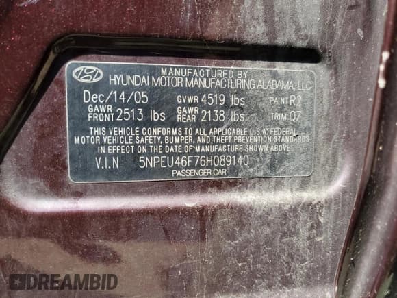 ✅ 2006 Hyundai Sonata GLS • VIN: 5NPEU46F76H089140 • Лот: 69855344. Опубликован ранее на Copart с пробегом Не указан. Бесплатный доступ к архиву аукционных продаж из США и подробный отчёт об истории автомобиля на DreamBid. Изображение 12.