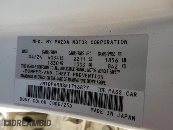 ✅ 2024 Mazda 3 S Premium • VIN: JM1BPAMM8R1718877 • Lot: 92409855. Listed on Copart with 17,518 mi. Free auction sales archive from the USA and detailed vehicle history report at DreamBid. Image 12.