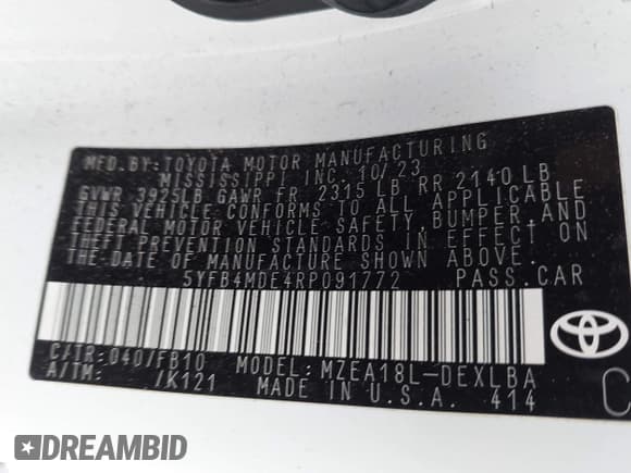 ✅ 2024 Toyota Corolla LE • VIN: 5YFB4MDE4RP091772 • Lot: 43266243. Wystawiony na IAAI z przebiegiem 49 010 mil. Bezpłatny archiwum sprzedaży aukcyjnych z USA i szczegółowy raport historii pojazdu na DreamBid. Zdjęcie 9.