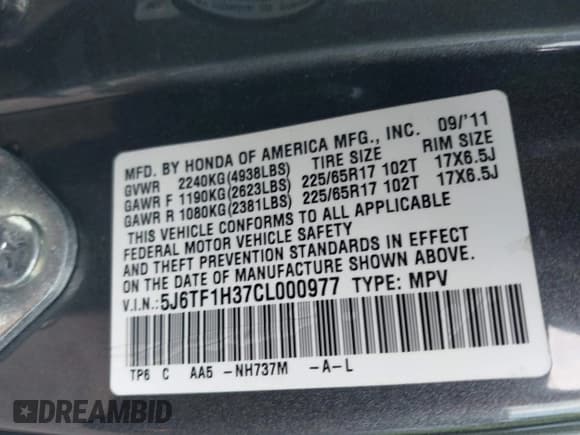 ✅ 2012 Honda Crosstour EX • VIN: 5J6TF1H37CL000977 • Lot: 43727029. Listed on IAAI with 143,931 mi. Free auction sales archive from the USA and detailed vehicle history report at DreamBid. Image 9.