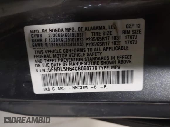✅ 2012 Honda Odyssey EX-L • VIN: 5FNRL5H64CB068778 • Lot: 42306089. Listed on IAAI with 337,868 mi. Free auction sales archive from the USA and detailed vehicle history report at DreamBid. Image 9.