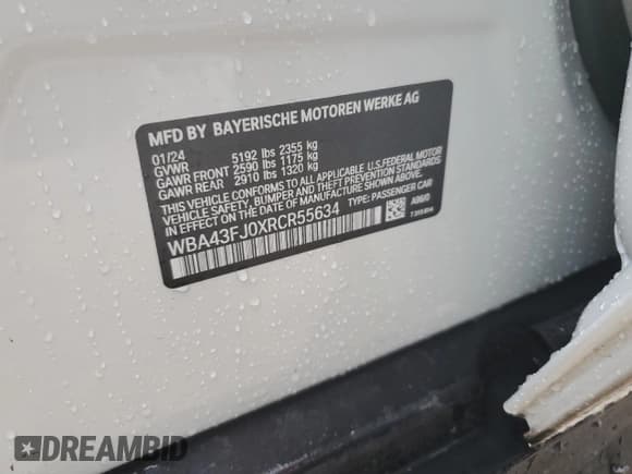 ✅ 2024 BMW 5 Series 530i • VIN: WBA43FJ0XRCR55634 • Lot: 74227434. Listed on Copart with 268 mi. Free auction sales archive from the USA and detailed vehicle history report at DreamBid. Image 13.