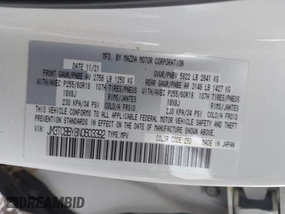 ✅ 2022 Mazda CX-9 Sport • VIN: JM3TCBBY8N0603392 • Lot: 41170708. Listed on IAAI with 43,470 mi. Free auction sales archive from the USA and detailed vehicle history report at DreamBid. Image 9.