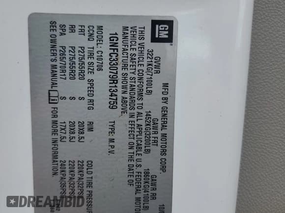 ✅ 2009 Chevrolet Tahoe LTZ • VIN: 1GNFC33079R134759 • Lot: 81601295. Wystawiony na Copart z przebiegiem Nie podano. Bezpłatny archiwum sprzedaży aukcyjnych z USA i szczegółowy raport historii pojazdu na DreamBid. Zdjęcie 13.