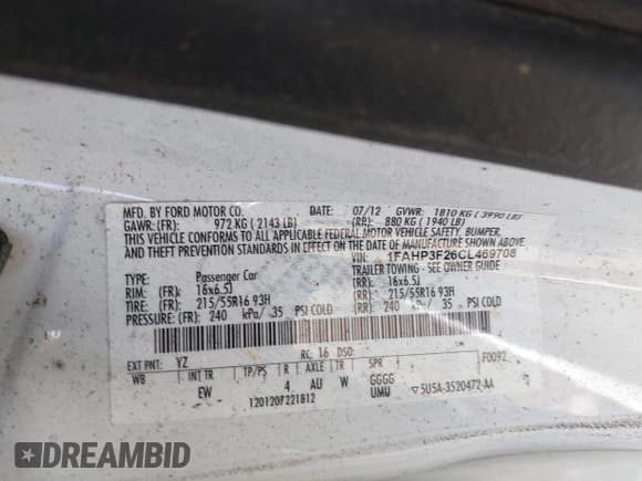 ✅ 2012 Ford Focus SE • VIN: 1FAHP3F26CL469708 • Lot: 43891753. Listed on IAAI with Not provided. Free auction sales archive from the USA and detailed vehicle history report at DreamBid. Image 9.