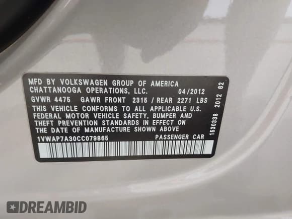 ✅ 2012 Volkswagen Passat S • VIN: 1VWAP7A30CC079865 • Lot: 42562191. Wystawiony na IAAI z przebiegiem 122 289 mil. Bezpłatny archiwum sprzedaży aukcyjnych z USA i szczegółowy raport historii pojazdu na DreamBid. Zdjęcie 9.