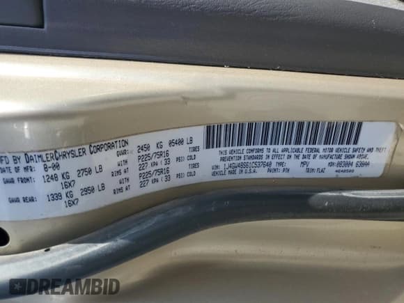 ✅ 2001 Jeep Grand Cherokee Laredo • VIN: 1J4GW48S61C537640 • Lot: 58266135. Listed on Copart with 188,475 mi. Free auction sales archive from the USA and detailed vehicle history report at DreamBid. Image 13.