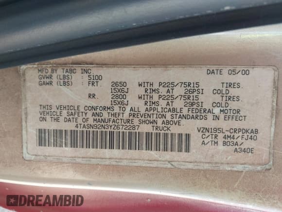 ✅ 2000 Toyota Tacoma PreRunner • VIN: 4TASN92N3YZ672287 • Lot: 42498141. Wystawiony na IAAI z przebiegiem Nie podano. Bezpłatny archiwum sprzedaży aukcyjnych z USA i szczegółowy raport historii pojazdu na DreamBid. Zdjęcie 9.